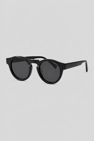 Olivier Marel Lugano '96 black polarized round sunglasses, side profile, unisex fit